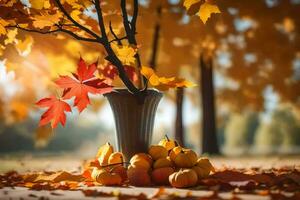 autumn leaves and pumpkins in a vase on the ground. AI-Generated photo