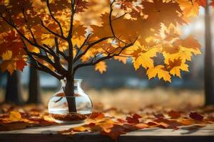 otoño hojas en un florero en un mesa en el bosque. generado por ai foto