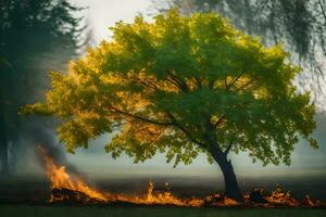 a tree is burning in the middle of a field. AI-Generated photo