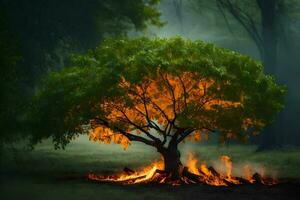 a tree with flames coming out of it in the middle of a forest. AI-Generated photo