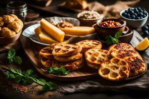 waffles, cheese and other foods on a wooden table. AI-Generated photo