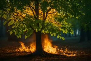 a tree with flames coming out of it in the middle of the forest. AI-Generated photo