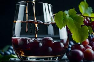 a glass of wine with grapes and leaves. AI-Generated photo