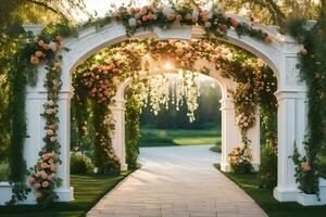 a beautiful archway with flowers and greenery. AI-Generated photo