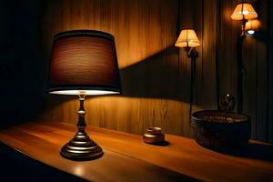 a lamp on a table in a dark room. AI-Generated photo