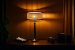 a lamp on a table in front of a window. AI-Generated photo