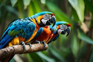 two colorful parrots sitting on a branch. AI-Generated photo