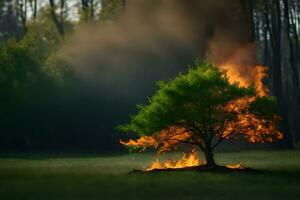 a tree is burning in the middle of a field. AI-Generated photo