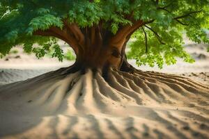 a tree with roots in the sand. AI-Generated photo