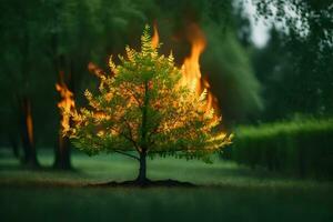 a tree with flames coming out of it. AI-Generated photo