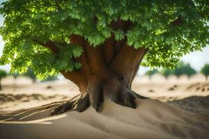 a tree in the desert with sand around it. AI-Generated photo