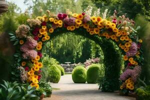 a flower archway in a garden with flowers. AI-Generated photo