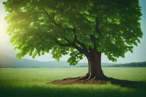 a tree is standing in the middle of a field. AI-Generated photo
