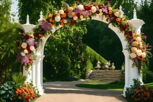 a white archway with flowers and a path leading to it. AI-Generated photo