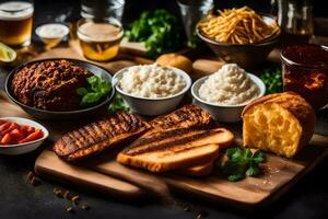 a variety of food on a wooden cutting board. AI-Generated photo