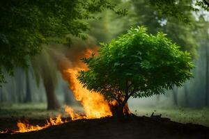 a tree is burning in the middle of a forest. AI-Generated photo