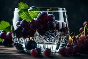 grapes in a glass with ice and water. AI-Generated photo