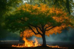 un árbol es ardiente en el medio de un bosque. generado por ai foto