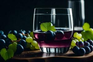 uvas y un vaso de vino en un de madera mesa. generado por ai foto