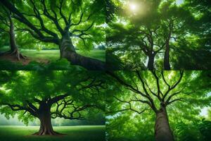 four different images of trees in a green field. AI-Generated photo