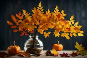 autumn leaves in a vase with pumpkins and acorns. AI-Generated photo