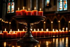 velas en un Iglesia con manchado vaso ventanas generado por ai foto