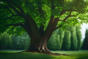 a tree is shown in the middle of a green field. AI-Generated photo