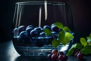 un vaso lleno con uvas y hojas. generado por ai foto