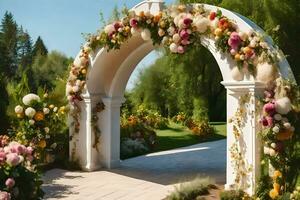 un Boda arco decorado con flores y verdor. generado por ai foto