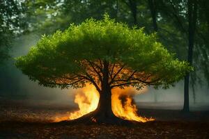 a tree with flames coming out of it in the middle of a forest. AI-Generated photo