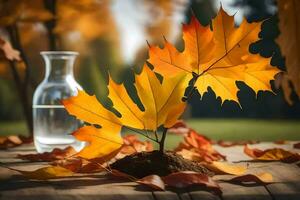 otoño hojas y un botella de agua en un mesa. generado por ai foto