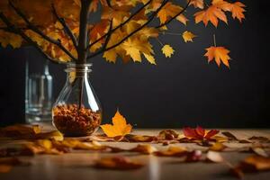 autumn leaves in a vase on a table. AI-Generated photo