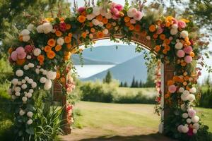 a wedding arch decorated with flowers and grass. AI-Generated photo