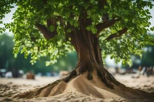 un árbol con raíces creciente fuera de el arena. generado por ai foto