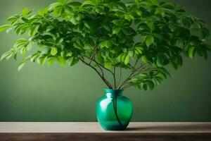 a green vase with a plant in it. AI-Generated photo