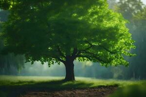 a tree is standing in the middle of a field. AI-Generated photo