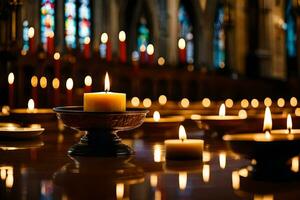 candles are lit in a church with candles in the background. AI-Generated photo