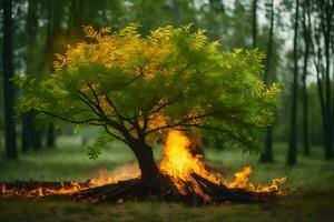 a tree with flames coming out of it in the middle of a forest. AI-Generated photo