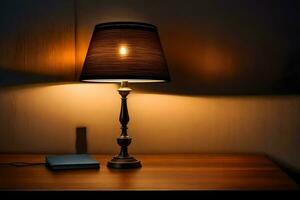 a lamp on a table with a book on it. AI-Generated photo