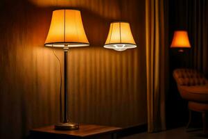 two lamps are on a table in a dark room. AI-Generated photo