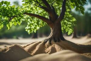 a tree growing out of the sand in the desert. AI-Generated photo
