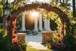 a wedding arch with flowers and a sun setting. AI-Generated photo