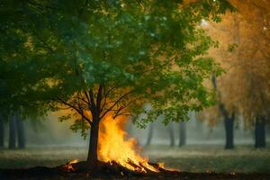 a tree is burning in the middle of a field. AI-Generated photo