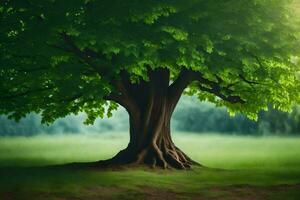 un grande árbol con verde hojas en el medio de un campo. generado por ai foto