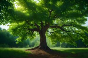 un grande árbol en el medio de un campo. generado por ai foto