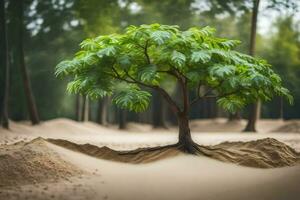 a tree growing out of the sand in the middle of a forest. AI-Generated photo