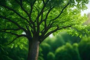 a tree in the middle of a green field. AI-Generated photo