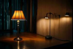 a lamp and a lamp stand on a wooden floor. AI-Generated photo