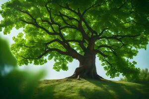 a large tree is standing on top of a hill. AI-Generated photo