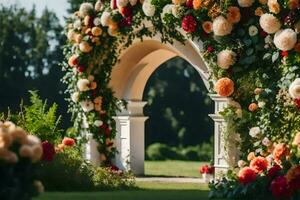 a flower archway with colorful flowers. AI-Generated photo